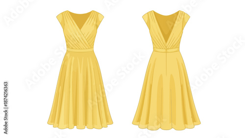 Elegant yellow wrap dress front and back views vector illustration for fashion design