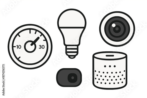 Smart home devices and controls on a simple white background for home automation setup and technology use