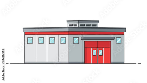 Modern industrial building with large red doors and windows, representing a warehouse or factory facility