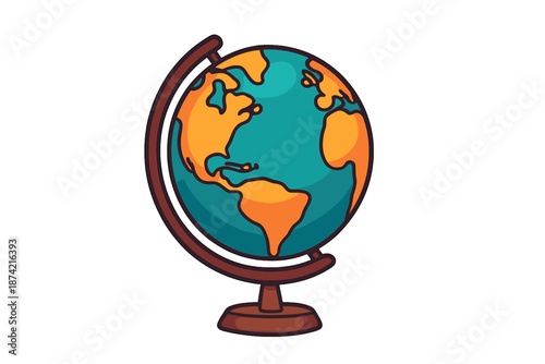 Globe showing continents and countries in bright colors on a wooden stand for educational use and display