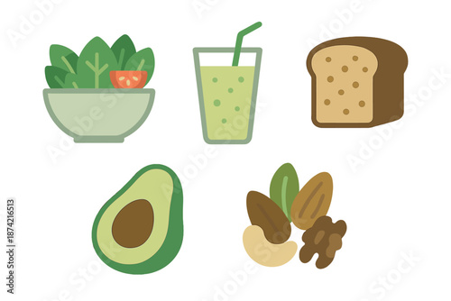 Fresh salad, drink, bread, and avocado on a plain background with nuts in a simple arrangement
