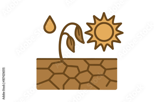 Growing plant sprout in dry soil with sun and water drop above it demonstrating growth and nature concepts