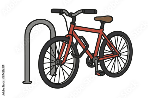 Bicycle parked at a metal rack, showing a simple design and structure in a city setting during daytime