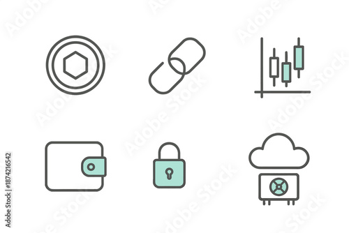 Icons representing financial technology, security, and data analysis in a minimalistic style for digital platforms