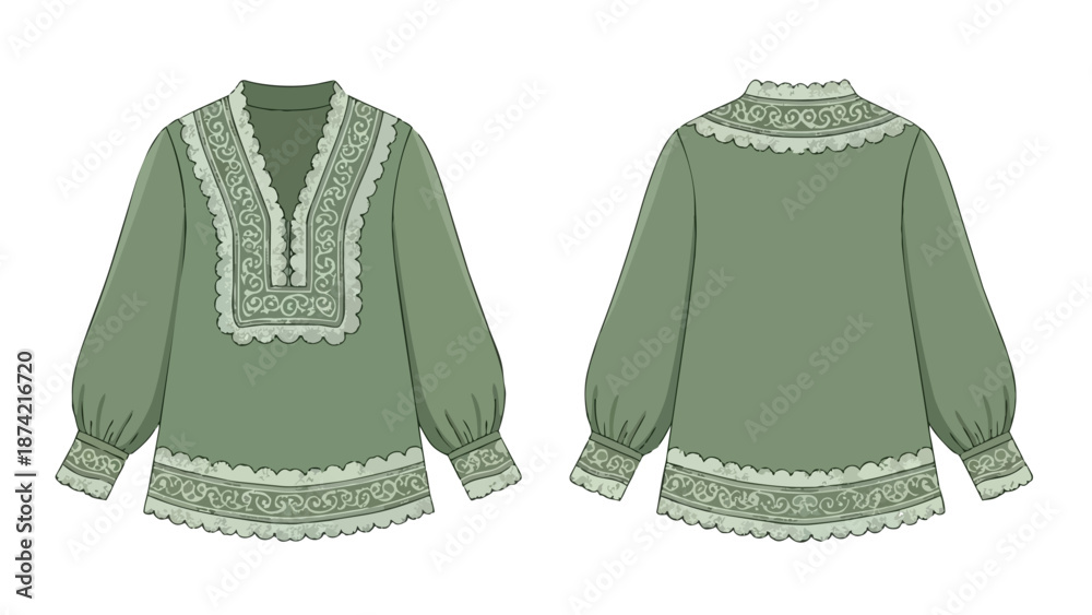 Obraz premium Exquisite vintage-inspired sage green peasant blouse with intricate white lace detailing and voluminous sleeves, showcasing front and back views of