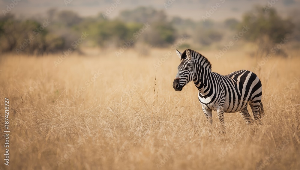 Fototapeta premium Zebra standing amidst arid grassland, highlighting habitat adaptation, Earth Day