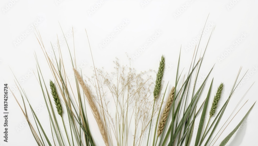 Fototapeta premium Green grass samples arranged in a set on a white background, useful for editorial or UI backgrounds