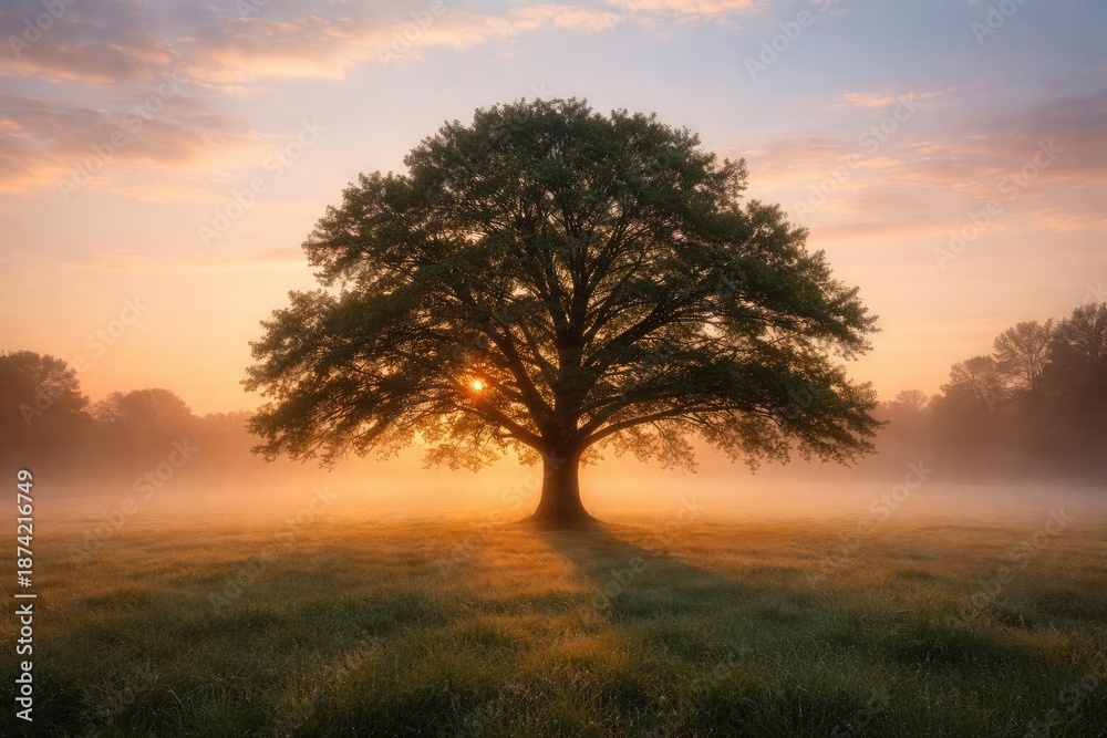 Fototapeta premium Solitary tree framed by peaceful early morning glow