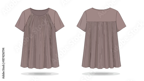 Elegant Women's Gathered Blouse Fashion Design Technical Flat Sketch Front and Back Views Minimalist Apparel Illustration