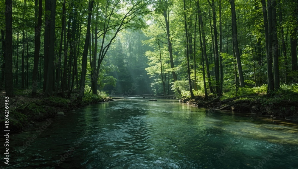 Obraz premium Lush green woodland with a meandering river reflecting natural scenery, highlighting erosion concerns
