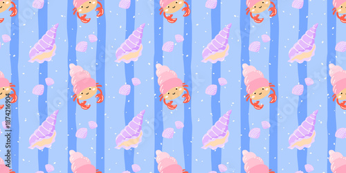 Seamless pattern with cute hermit crabs and lilac shels on striped pastel background. Soft ocean-themed design perfect for kids textiles, wallpapers, and summer decor