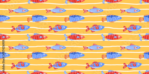 Seamless pattern with tropical fish and coral on yellow background. Playful underwater design for kids textiles, wrapping paper, and summer beach themes