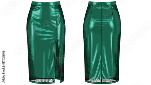 Shimmering Emerald Green High-Slit Pencil Skirt Design with Intricate Lace Hem Detail