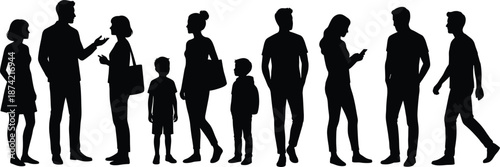 Silhouettes of nine individuals of various ages and postures standing in a row, representing diversity, interaction, and modern social behavior on white background