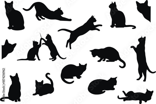 Silhouettes of multiple cats in various poses including sitting, jumping, stretching, and playing, showcasing feline motion and behavior on white background