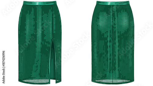 Elegant emerald green sequined midi skirt with daring side slit offering a sophisticated and glamorous appeal