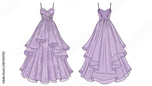 Exquisite Layered Lavender Gown Fashion Illustration Front and Back Views