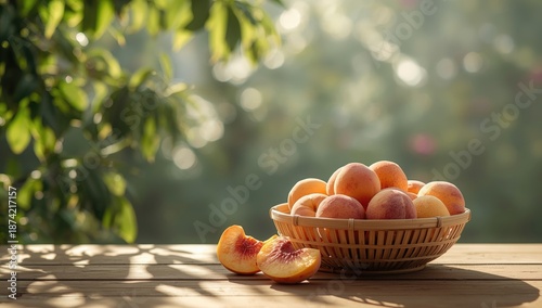 Fresh peach slices arranged...