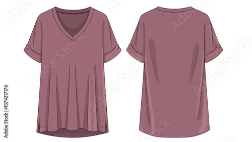 Minimalist Fashion Flat Illustration of a Dusty Rose V-Neck T-Shirt with Rolled Sleeves and Pleated Front Detail on a White Background