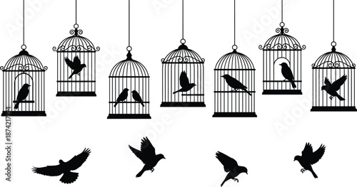 Silhouettes of ornate birdcages with birds above and flying birds below, symbolizing contrast between confinement and freedom in minimalist black design
