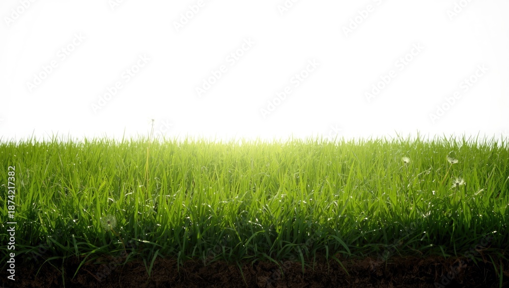 Fototapeta premium Single green grass patch on a plain white backdrop serves as a layout or editorial background