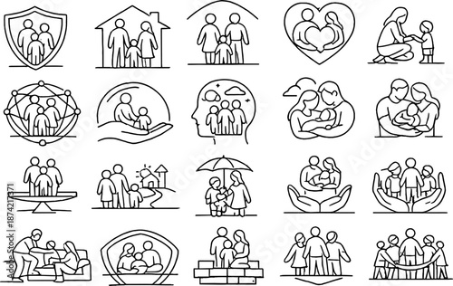 Wallpaper Mural Family care, social support and community line icon set Torontodigital.ca