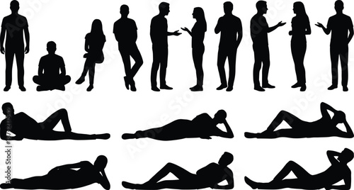 Silhouettes of people in diverse seated, standing, and reclining poses, illustrating human posture, interaction, and body language on white background for design use