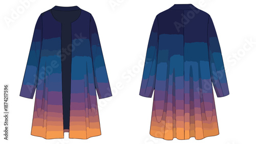 Fashionable women's long-sleeved open-front coat with a vibrant horizontal ombre gradient of blues purples and oranges