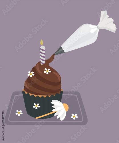  Illustration with Chocolate Cupcake at Daisy, Candle Decoration and Piping Bag