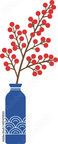 Red Berries in Blue Vase
