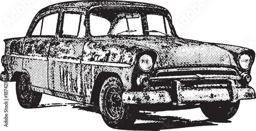 Vintage Distressed Classic Sedan Illustration, illustration of a rusty vintage 1950s sedan. The graphic features heavy stippling and distressed textures, depicting an old, weathered classic car.