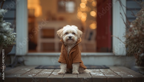 A dog in a coat resting by ...