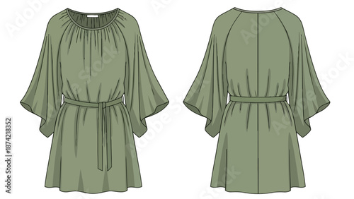 Fashion flat sketch of a chic olive green mini dress with dramatic flared sleeves and a cinched waist detail