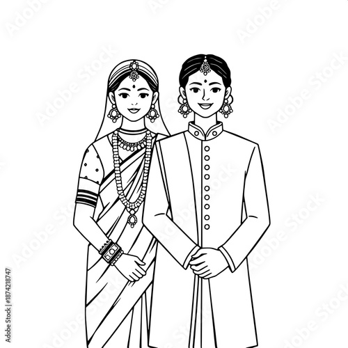 Simple black line art of Indian newlyweds standing together, the bride adorned with intricate traditional jewelry including a mangalsutra, bangles, and a bindi, wearing a elegant sari, while the groom