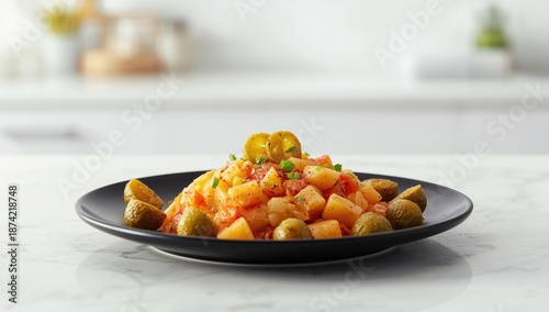 Dark plate featuring a warm...