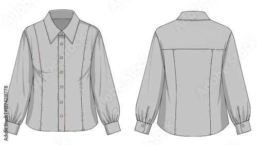Technical drawing of a classic button-up blouse front and back view, showcasing tailored seams and elegant cuff details for fashion design concepts