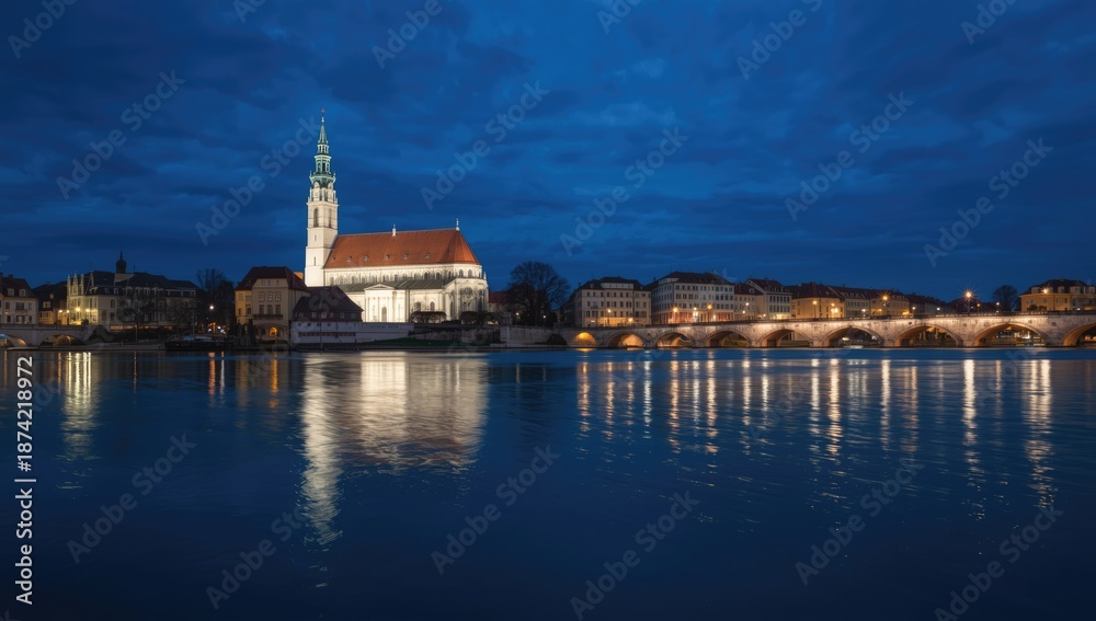 Obraz premium Night scene of a church in Ljubljana with city lights, river, and bridge, urban architecture, European travel destination, Balkans