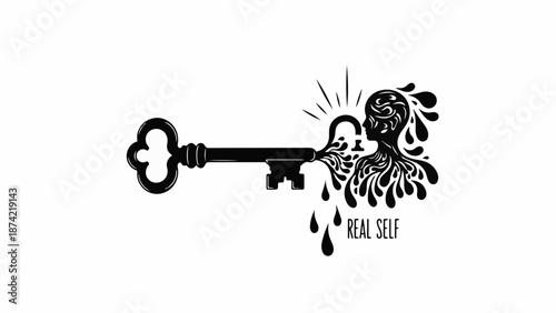 Key unlocking the mind, revealing the real self with flowing organic patterns.