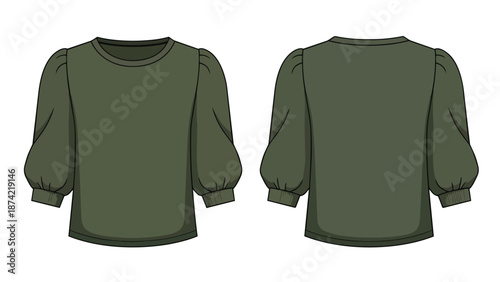 Detailed fashion illustration of a stylish olive green women's top featuring voluminous puffed sleeves