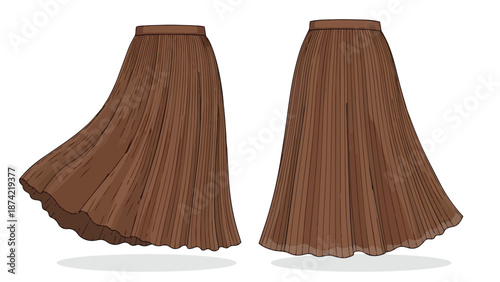 Chic Pleated Midi Skirt Illustrations in Warm Brown Tones Showcasing Flowing Fabric and Elegant Design