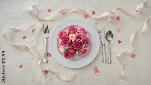 Colorful background featuring roses and diningware, floral decor for event table