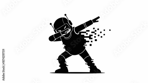 Playful robot character doing a popular dab dance move with digital pixel effect