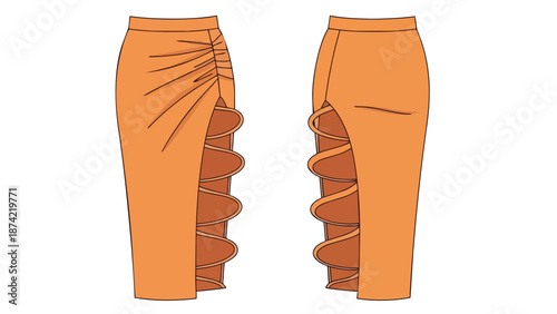 Innovative Ruffled Side-Slit Midi Skirt Design Illustration with a Bold Orange Hue and Artistic Flair