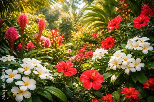 Colorful tropical blooms of red and white enhancing lush garden during spring and summer