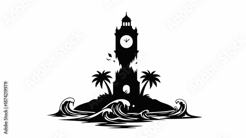 Silhouette of a clock tower on a tropical island surrounded by crashing waves