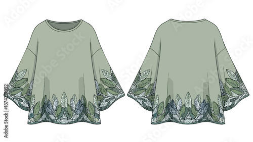 Elegant light green top with delicate leaf pattern design on sleeves and hem a modern fashion illustration
