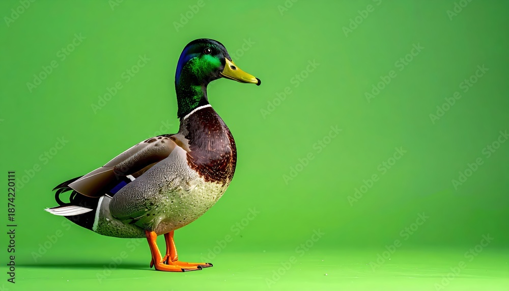 Obraz premium Male Mallard Duck Stands Profile Against Solid Green Background Studio Shot