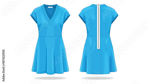 Sleek blue v-neck flared dress with visible back zipper detail presented front and back view on clean white background fashion illustration isolated