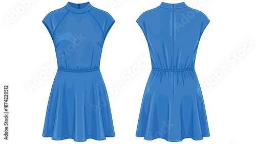 Chic blue skater dress with mock neck and cap sleeves showcased from front and back views on a white backdrop