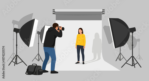 Photographer Taking Picture of Woman in Studio.